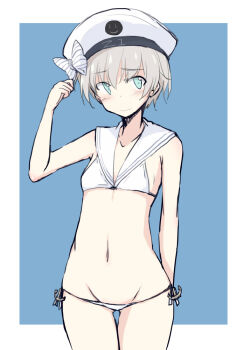 1girl anchor aqua_eyes averting_eyes bikini blue_background blue_eyes blush border bow breasts character_name collarbone commentary_request cowboy_shot feet_out_of_frame hair_between_eyes hat kantai_collection kugui_kiyunemu looking_at_viewer lowleg lowleg_bikini micro_bikini navel outside_border sailor_bikini sailor_collar short_hair side-tie_bikini_bottom sidelocks simple_background sketch small_breasts smiley_face solo standing stomach string_bikini swimsuit twirling_hair wavy_mouth white_bikini white_border white_bow white_hair white_hat white_sailor_collar z1_leberecht_maass_(kancolle) z1_leberecht_maass_(swimsuit)_(kancolle)