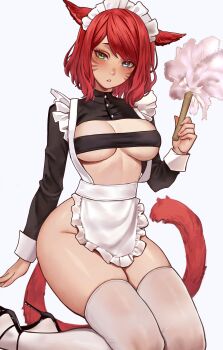 absurdres animal_ears apron blue_eyes blush breasts cat_ears cat_girl cat_tail crop_top duster facial_mark feather_duster green_eyes heterochromia high_heels highres holding holding_duster kneeling looking_at_viewer maid maid_apron maid_headdress medium_breasts meowrim original red_hair short_hair solo tail teeth thighhighs thighs turtleneck white_apron white_background white_thighhighs