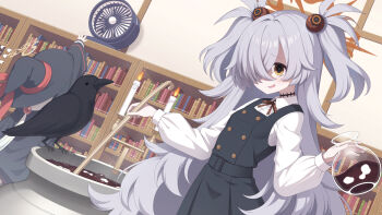 2girls absurdres animal bird black_dress black_hat blue_archive book bookshelf brown_eyes candle cauldron character_request collared_shirt commentary_request dress dress_shirt electric_fan fire flying_sweatdrops grey_hair hair_over_one_eye halo hat highres holding indoors kanoe_(blue_archive) long_hair long_sleeves multiple_girls parted_lips pinafore_dress puffy_long_sleeves puffy_sleeves sasakura_momiji shirt sleeveless sleeveless_dress sleeves_past_wrists smirk solo_focus two_side_up unworn_hat unworn_headwear very_long_hair white_hair white_shirt wide_sleeves witch_hat