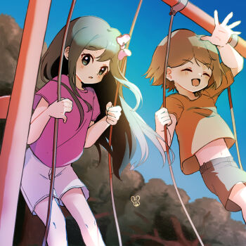 007f89_siyo 1boy 1girl aged_down aubrey_(faraway)_(omori) aubrey_(omori) black_eyes black_hair blue_sky blurry blurry_background border bow brown_hair dark-skinned_male dark_skin day grey_pants highres kel_(faraway)_(omori) kel_(omori) omori outdoors pants pink_bow pink_shirt shirt short_hair short_sleeves shorts sky swing_set t-shirt tree white_border white_shorts