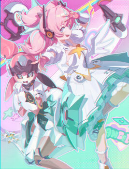 Rule 34 | 2girls, absurdres, aqua hair, aqua streaks, aria (zenless zone zero), arm garter, black bow, black sclera, blue eyes, bow, center frills, colored sclera, commentary request, detached collar, dotted background, dress, dual persona, fingerless gloves, flying sweatdrops, frilled dress, frills, gloves, green background, green bow, hair bow, highres, humanoid robot, leg up, multicolored hair, multiple girls, open mouth, pink background, pink gloves, pink hair, robot, robot girl, sparkle, standing, standing on one leg, star (symbol), streaked hair, two-tone background, uzu (malese0202), v, v over head, white dress, white wings, wings, zenless zone zero