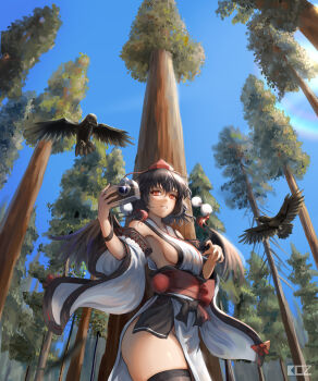 Rule 34 | 1girl, absurdres, bird, bird wings, black bird, black thighhighs, blue sky, breasts, brown hair, brown wings, camera, clear sky, crow, day, detached sleeves, edz drawz, feathered wings, forest, grin, hat, highres, holding, holding camera, japanese clothes, kimono, kourindou tengu costume, lens flare, looking at viewer, nature, no bra, obi, official alternate costume, outdoors, pelvic curtain, pom pom (clothes), red eyes, red hat, red sash, revision, sash, shameimaru aya, side slit, sideboob, sky, smile, solo, thick thighs, thighhighs, thighs, tokin hat, touhou, tree, underwear, watermark, white kimono, wings
