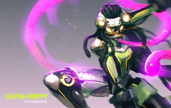 absurdres artist_name asui_tsuyu asui_tsuyu_(hero_outfit) black_hair boku_no_hero_academia character_name commentary dreadlocks english_commentary glowing glowing_eyes grey_background highres humanoid_robot jeffrey_chen long_tongue mechanical_hair mechanization robot science_fiction tongue tongue_out yellow_eyes