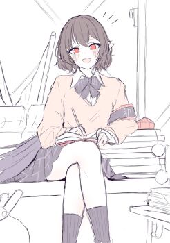 Rule 34 | 1girl, alternate costume, armband, bird wings, black armband, black bow, black bowtie, black skirt, black socks, blush, bow, bowtie, brown hair, collared shirt, commentary request, crossed legs, feathered wings, hat, highres, holding, holding notebook, holding pen, long sleeves, looking at viewer, monochrome background, no headwear, notebook, open mouth, pen, pleated skirt, pointy ears, pom pom (clothes), red eyes, red hat, school uniform, seele (chanseele0128), shameimaru aya, shirt, short hair, sitting, skirt, smile, socks, solo, sweater, touhou, unworn hat, unworn headwear, white shirt, wings, yellow sweater