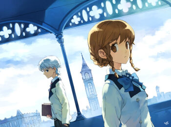 1boy 1girl archived_source artist_name backlighting bad_link belt belt_buckle black_belt black_pants blue_bow blue_eyes blue_sky blue_theme book bow braid braided_sidelock breast_pocket breasts brown_eyes buckle building character_request closed_mouth cloud cloudy_sky collared_shirt day dress_pants dutch_angle etolie_granche european_architecture frown hand_in_pocket holding holding_book jacket lapels looking_to_the_side medium_breasts nape_braid necktie notched_lapels open_clothes open_jacket original outdoors pants platonic_supernova pocket profile red_necktie school_uniform shirt short_hair signature sky tiv tower unbuttoned unbuttoned_jacket undershirt white_hair white_jacket white_shirt white_sleeves wing_collar
