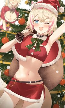 2girls :d ;d alternate_costume animal_collar animal_ears arm_up armpits bandaid bandaid_hair_ornament bandeau black_collar blonde_hair blue_eyes blush bow bowtie breasts capelet christmas_tree cleavage collar commentary crossed_bangs dog_ears dog_girl dog_tail double-parted_bangs dutch_angle flat_chest fur-trimmed_capelet fur-trimmed_headwear fur-trimmed_skirt fur_trim fuwawa_abyssgard green_bow green_bowtie hair_between_eyes hair_intakes hair_ornament hairband hat highres holding holding_sack hololive hololive_english large_breasts looking_at_viewer miniskirt mococo_abyssgard multicolored_hair multiple_girls navel one_eye_closed open_mouth pink_hair pink_hairband pom_pom_(clothes) profnote red_bandeau red_capelet red_hat sack santa_costume santa_hat short_hair siblings side_slit sisters skirt smile solo_focus stomach streaked_hair tail twins two_side_up virtual_youtuber x_hair_ornament