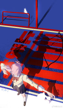 Rule 34 | 1girl, alien, arrow (projectile), artist name, bird, blood, blood stain, bow, bow (weapon), bowtie, cheng zhi (a chengzhi), chinese commentary, commentary request, creature, crosswalk, different reflection, drawing bow, floating hair, foreshortening, from above, hair ribbon, highres, holding, holding arrow, holding bow (weapon), holding weapon, juliet sleeves, kaname madoka, kaname madoka (magical girl), kneehighs, kyubey, loafers, long sleeves, mahou shoujo madoka magica, mahou shoujo madoka magica (anime), mitakihara school uniform, outdoors, pink hair, pleated skirt, puffy sleeves, red bow, red bowtie, reflection, ribbon, road, school uniform, shoes, short hair, short twintails, skirt, sleeve cuffs, socks, street, symbolism, translation request, twintails, watermark, weapon, weibo watermark