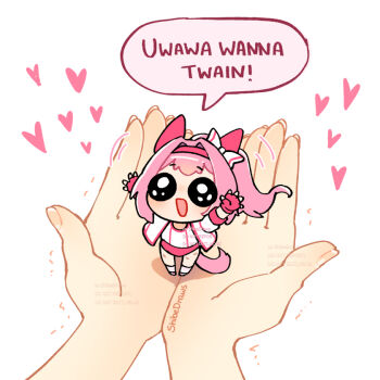 1girl 1other :d animal_ears arms_up artist_name bow commentary ear_bow ear_covers english_commentary english_text fingerless_gloves gloves haru_urara_(bestest_prize)_(umamusume) haru_urara_(umamusume) headband heart holding holding_mini_person horse_ears horse_girl horse_tail jacket long_hair long_sleeves looking_at_viewer mini_person minigirl open_mouth pink_gloves pink_hair pink_headband pleading_eyes ponytail shibedraws shirt simple_background smile speech_bubble tail umamusume watermark white_background white_bow white_jacket white_shirt