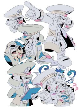 Rule 34 | 1boy, arm behind back, chandelure, clipboard, closed mouth, coat, coat on shoulders, commentary request, durant, dwebble, emmet (pokemon), gen 5 pokemon, highres, holding, holding clipboard, holding leaf, kari (user grrs8577), leaf, male focus, monochrome, multiple views, necktie, nintendo, open mouth, outstretched arm, pokemon, pokemon bw, pokemon on back, sitting, smile, white coat