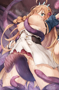 1girl ahoge blue_eyes braid breasts breasts_out defeat highres large_breasts long_hair motion_blur nipples no_panties orange_hair pecorine_(princess_connect!) princess_connect! puffy_short_sleeves puffy_sleeves rape restrained short_sleeves side_braid slime_(substance) solo sugiyuu tears tentacle_pit tentacles tiara torn_clothes