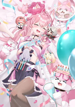 5girls animal_ears balloon belt black_choker black_skirt blush braid braided_bun breasts brown_pantyhose chest_belt choker closed_eyes coat collared_shirt commentary_request crown_braid drooling fang fingernails hair_bun hair_ornament hakui_koyori hakui_koyori_(1st_costume) happy_birthday heart heart_choker highres hololive holox kazama_iroha kazama_iroha_(1st_costume) kokoro_(hakui_koyori) la+_darknesss la+_darknesss_(1st_costume) lab_coat long_hair long_sleeves lucio_(luci0_52) lying midriff mini_person minigirl mofukoyo_(hakui_koyori) multiple_girls nail_polish necktie on_back open_mouth pantyhose pink_hair pink_nails pink_necktie pink_skirt pouch revision sakamata_chloe sakamata_chloe_(1st_costume) shirt skirt smile takane_lui takane_lui_(1st_costume) thigh_pouch thighs virtual_youtuber white_belt white_coat white_shirt wolf_ears wolf_girl