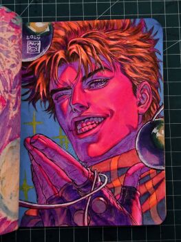 1boy battle_tendency brown_hair clacker colored_skin fingerless_gloves gloves grin hashtag-only_commentary highres jojo_no_kimyou_na_bouken joseph_joestar joseph_joestar_(young) looking_at_viewer male_focus marker_(medium) maya_panda one_eye_closed orange_scarf photo_(medium) pink_skin portrait purple_eyes purple_gloves scarf signature smile solo sparkle striped_clothes striped_scarf teeth traditional_media