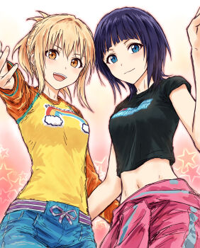 Rule 34 | 2girls, absurdres, asaka karin, black shirt, blonde hair, blue eyes, blue shorts, breasts, clothes around waist, commentary request, cowboy shot, crop top, cropped shirt, diverdiva, gradient background, highres, jacket, jacket around waist, long sleeves, looking at viewer, love live!, love live! nijigasaki high school idol club, medium breasts, medium hair, midriff, miyashita ai, multiple girls, orange eyes, pants, pink background, pink jacket, pink pants, ponytail, purple hair, raglan sleeves, shirt, shorts, sidelocks, star (symbol), star symbol background, wolf cut, yellow shirt, yukitake (bullfalk)