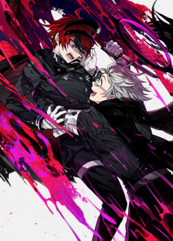 ahoge angry aotsuki_eito arm_around_waist armband belt black_halo black_streaks blue_eyes cape crying crying_with_eyes_open evil_grin evil_smile eye_contact eyeliner gakuran glasses gloves grey_hair grin halo headgear highres holding holding_knife knife last_defense_academy_school_uniform looking_at_another makeup male_focus multicolored_hair multiple_boys official_alternate_hairstyle outstretched_hand reaching reaching_towards_another red_eyeliner red_hair revision school_uniform short_hair smile spoilers streaked_hair sumino_takumi tears the_hundred_line_-last_defense_academy- wa_ga_ne white_armband white_belt white_gloves wide-eyed yandere