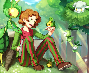 10s brown_hair burgh_(pokemon) cottonee gen_5_pokemon green_eyes gym_leader itsuki_(nightlight) leavanny nintendo pants petilil pokemon pokemon_(creature) pokemon_bw scarf sewaddle sketchbook striped_clothes striped_pants