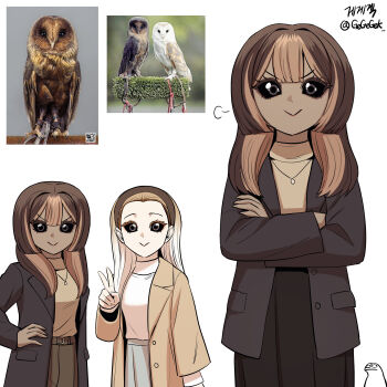2girls :> absurdres artist_name artist_self-insert barn_owl barn_owl_(gegegekman) belt bird black_sclera brown_eyes brown_hair collared_jacket colored_sclera creature_and_personification crossed_arms dark-skinned_female dark_skin gegegekman gradient_hair hair_between_eyes hair_pulled_back hairband hand_on_own_hip highres jacket jewelry long_hair looking_at_viewer multicolored_hair multiple_girls multiple_views necklace open_clothes open_jacket original owl owl_girl personification photo_inset reference_inset signature skirt solo_focus sweater turtleneck turtleneck_sweater two-tone_hair v v-shaped_eyebrows white_background white_hair