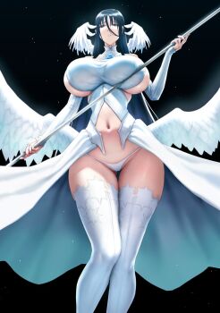 Rule 34 | 1girl, angel wings, bare shoulders, black background, black hair, blue eyes, blue hair, blush, breasts, commentary, contrapposto, covered erect nipples, detached sleeves, dress, english commentary, eu03, feathered wings, frown, gluteal fold, hair between eyes, halterneck, huge breasts, long hair, looking at viewer, magical girl, mahou shoujo (raita), multiple wings, narrow waist, navel, no bra, pleated dress, sideboob, sketch, skindentation, sleeves past wrists, solo, staff, stomach, suzuhara misae, thigh gap, thighhighs, turtleneck, very long hair, weapon, wide hips, wings