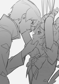 1boy 1girl absurdres bdsm bondage bound bound_arms cloak clover couple cure_honey dress earrings flirting four-leaf_clover frilled_dress frilled_skirt frills gloves greyscale hair_ribbon hand_on_another's_chin hands_on_another's hands_up happinesscharge_precure! highres holding imminent_kiss jacket jewelry long_sleeves looking_at_another looking_down looking_to_the_side looking_up mature_female mature_male monochrome oomori_yuuko open_mouth parted_bangs phantom_(happinesscharge_precure!) ponytail precure ribbon scared short_hair skirt sweat sweatdrop wasa7subi