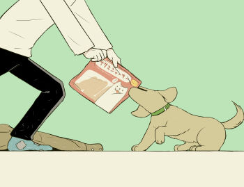 1boy absurdres animal avogado6 baby_animal black_pants clothes_on_floor coat collar commentary dog english_commentary from_side green_background green_collar head_out_of_frame highres long_sleeves original pants patchwork_clothes pet_food pulling puppy shirt socks tail tail_wagging translation_request trench_coat white_shirt