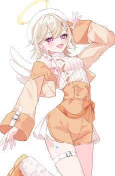 Rule 34 | 1girl, arm up, blonde hair, blush, commentary, cropped jacket, facial mark, hair tie, halo, hashtag-only commentary, hat, highres, if (ify cappuccino), jacket, komori met, komori met (7th costume), long sleeves, looking at viewer, open clothes, open jacket, open mouth, purple eyes, shirt, solo, teeth, thigh strap, virtual youtuber, vspo!, white background, white hat, white shirt, white wings, wings