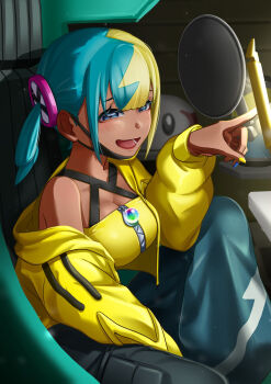 1girl bandeau blue_eyes breasts canari_(pokemon) cleavage commentary_request gen_5_pokemon hand_up highres hood hooded_jacket indoors jacket long_sleeves lower_teeth_only mask mask_pull mouth_mask multicolored_hair nail_polish nintendo open_mouth pants pokemon pokemon_legends:_z-a sakanamonnsuto single_off_shoulder sitting solo teeth twintails tynamo yellow_bandeau yellow_jacket yellow_nails zipper zipper_pull_tab