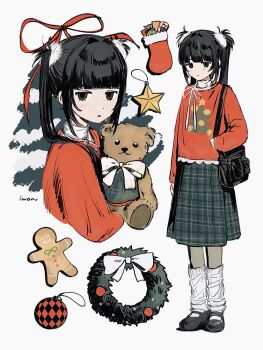 1girl bag black_eyes black_hair blunt_bangs blush commentary highres iwonu long_hair long_sleeves looking_at_viewer multiple_views original plaid_clothes plaid_skirt pleated_skirt red_sweater ribbon skirt socks star_(symbol) stuffed_animal stuffed_toy sweater symbol-only_commentary teddy_bear twintails