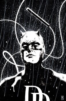 1boy black_background character_logo commentary cowl daredevil dark english_commentary highres horned_mask male_focus marvel mask monochrome muscular muscular_male no_pupils nunchaku rain solo superhero_costume upper_body valerio_giangiordano weapon wet