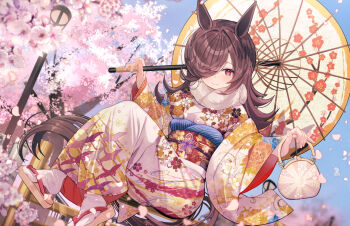 1girl animal_ears bag blush brown_hair cherry_blossoms closed_mouth commentary_request floral_print floral_print_kimono floral_print_sash fur_collar highres holding holding_bag holding_umbrella horse_ears horse_girl horse_tail japanese_clothes kimono looking_at_viewer obi print_kimono purple_eyes red_sash rice_shower_(umamusume) sandals sash smile solo tabi tail umamusume umbrella white_bag white_kimono yellow_umbrella yomean!