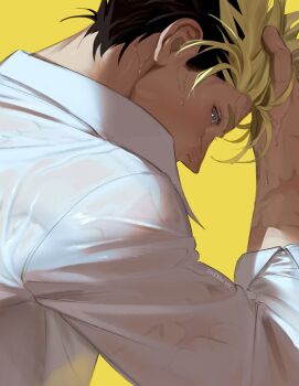 1boy arm_up black_hair blonde_hair blue_eyes collared_shirt commentary covered_mouth english_commentary hair_slicked_back hand_in_own_hair highres looking_to_the_side male_focus multicolored_hair multiple_scars profile scar scar_on_arm shesdeny shirt short_sideburns signature simple_background sleeve_cuffs solo trigun trigun_stampede two-tone_hair upper_body vash_the_stampede wet wet_hair white_shirt wing_collar yellow_background