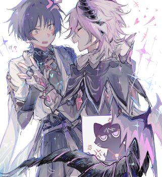 1833529948 2boys ? absurdres anger_vein arm_armor armor black_bridal_gauntlets black_shirt blunt_ends blush bridal_gauntlets cat choppy_bangs closed_eyes dragon_boy dragon_horns dragon_wings eyeliner fang genshin_impact gloves gold_ring hakama hakama_shorts heart heart-shaped_gem highres horns japanese_armor japanese_clothes kimono kote kurokote layered_kimono looking_at_another makeup male_focus mandarin_collar middle_ring mini_durin_(genshin_impact) mini_durin_(human)_(genshin_impact) multicolored_hair multiple_boys open_clothes open_kimono open_mouth pleated_shorts purple_eyes purple_hair purple_rope red_eyeliner rope scaramouche_(cat)_(genshin_impact) scaramouche_(genshin_impact) shirt short_hair shorts simple_background smile sparkle spiked_horns tail two-sided_horns wanderer_(genshin_impact) white_background wings yaoi