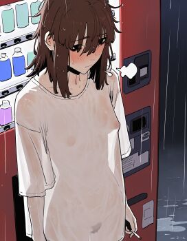 1girl absurdres black_eyes blush breasts breath brown_hair cigarette closed_mouth commentary_request cowboy_shot female_pubic_hair hair_between_eyes highres holding holding_cigarette huffing medium_hair naked_shirt narrowed_eyes navel night nipples original outdoors oversized_clothes oversized_shirt pubic_hair puddle puffy_nipples rain redcalypso see-through_clothes see-through_shirt shirt short_sleeves sidelocks signature sleepy small_breasts solo standing steam vending_machine wet wet_clothes wet_hair wet_shirt white_shirt wispy_bangs