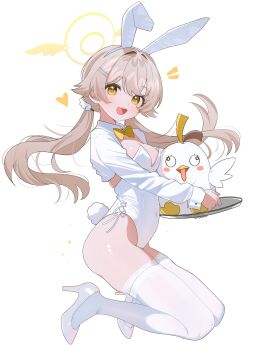1girl :d absurdres animal_ear_hairband animal_ears blonde_hair blue_archive bow bowtie breasts cleavage collared_shrug commentary covered_navel fake_animal_ears fake_tail full_body hair_ornament hairband hairclip halo hifumi_(blue_archive) highleg highleg_leotard highres holding holding_tray leotard long_hair looking_at_viewer low_twintails open_mouth parallel_hairclips peroro_(blue_archive) playboy_bunny rabbit_ear_hairband rabbit_ears rabbit_tail shoes shrug_(clothing) shusuchii side-tie_leotard simple_background small_breasts smile solo symbol-only_commentary tail thighhighs tray twintails white_background white_leotard white_shoes white_shrug white_thighhighs yellow_bow yellow_bowtie yellow_eyes