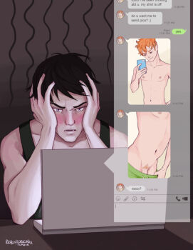 computer haikyuu!! hinata_shouyou kageyama_tobio laptop penis penis_peek reallycorking selfie sexting topless_male yaoi