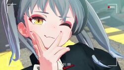 1girl 3d animated black_jacket black_pants chinese_clothes closed_mouth crosswalk eyeshadow fang grey_hair hair_ornament head_tilt highres jacket leedoppo makeup multiple_views one_eye_closed original outdoors pants pillarboxed recording road ruru_(leedoppo) skin_fang smile tangzhuang timestamp twintails v v_over_mouth video viewfinder yellow_eyes yin_yang