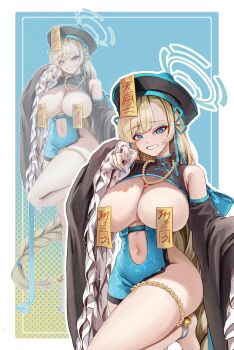 1girl absurdres ass asuna_(blue_archive) bare_shoulders black_dress blonde_hair blue_archive blue_eyes blue_halo braid braided_ponytail breasts chinese_clothes cleavage clothing_cutout detached_sleeves dress fingernails grin groin hair_over_one_eye halo hat highres jiangshi_costume kraken_mikan large_breasts leg_up long_hair looking_at_viewer navel navel_cutout ofuda ofuda_on_head ofuda_on_nipples pasties qingdai_guanmao sharp_fingernails smile solo thighs very_long_hair wide_sleeves