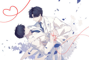 2boys black_eyes black_hair black_necktie coat collared_shirt commentary_request curtained_hair dip_(dance_move) falling_petals feet_out_of_frame flower formal_clothes grin highres holding_hands kim_dokja looking_at_another male_focus matching_outfits multiple_boys necktie omniscient_reader&#039;s_viewpoint petals sanjinmogufufu shirt short_hair smile string string_around_finger string_of_fate vest white_coat white_shirt white_vest yaoi yoo_joonghyuk