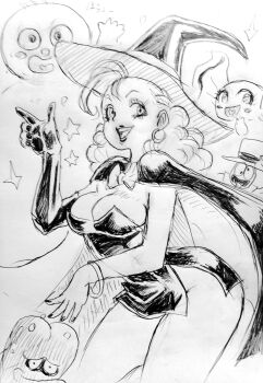 black_dress blqueen breasts character_request cleavage dress earrings elbow_gloves gloves greyscale halloween hat highres hoop_earrings jewelry long_hair looking_at_viewer monochrome nail_polish open_mouth single_elbow_glove skirt smile witch witch_hat