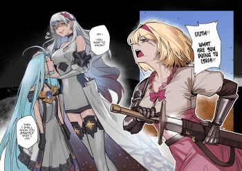 3girls absurdres ahoge blonde_hair blue_hair brown_eyes closed_eyes djeeta_(granblue_fantasy) dress english_text evil_smile gauntlets gloves granblue_fantasy granblue_fantasy:_relink grey_hair hairband hand_on_another&#039;s_chin highres lilith_(granblue_fantasy:_relink) long_hair lyria_(granblue_fantasy) medium_hair multiple_girls oha_v open_mouth red_eyes sheath simple_background smile speech_bubble sword teeth unsheathing upper_teeth_only very_long_hair weapon