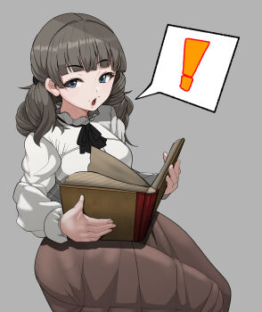 ... 1girl absurdres ascot black_ascot blue_eyes book brown_hair commentary_request face_piercing fear_&amp;_hunger_(series) fear_&amp;_hunger_2:_termina frilled_shirt_collar frills grey_background highres holding holding_book long_sleeves looking_at_viewer marina_(fear_&amp;_hunger) medium_hair minami_no_uo-za mouth_piercing open_book open_mouth piercing pink_skirt shirt simple_background sitting skirt solo spoken_ellipsis white_shirt