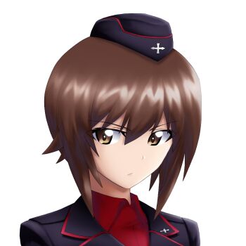 Rule 34 | 1girl, black hat, black jacket, brown eyes, brown hair, commentary request, cross, eyes visible through hair, garrison cap, girls und panzer, hair between eyes, hat, iron cross, jacket, kuromorimine military uniform, looking at viewer, military, military hat, military jacket, military uniform, nishizumi maho, red shirt, rhun, shirt, short hair, solo, transparent background, upper body