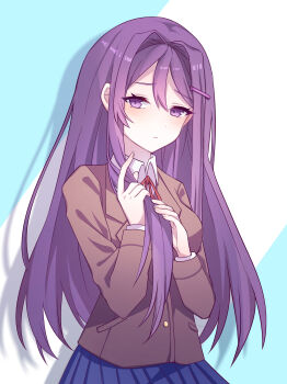 1girl absurdres blazer blue_skirt blush brown_jacket collared_shirt commentary cowboy_shot doki_doki_literature_club doki_doki_literature_club_school_uniform english_commentary hair_ornament hairclip highres holding holding_own_hair jacket kkkyoka lapels layered_sleeves long_hair long_sleeves looking_at_viewer neck_ribbon notched_lapels pleated_skirt purple_eyes purple_hair red_ribbon ribbon school_uniform shadow shirt simple_background skirt solo yuri