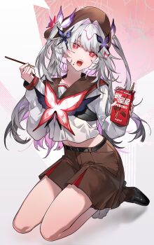 1girl absurdres alternate_costume belt belt_buckle beret black_belt black_shoes box bright_pupils brown_hat brown_sailor_collar brown_skirt buckle butterfly_hair_ornament chaos_(pgr) cino_(cappuccino) colored_inner_hair food food_on_face full_body grey_hair hair_intakes hair_ornament hair_through_headwear hat highres holding holding_box holding_food holding_pocky kneeling loafers long_hair long_sleeves midriff multicolored_hair open_mouth pink_hair pocky punishing:_gray_raven red_eyes sailor_collar shirt shoes skirt sleeves_past_wrists solo teeth two_side_up upper_teeth_only white_pupils white_shirt