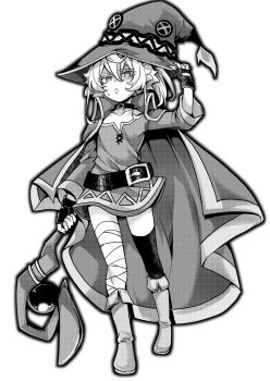 1girl bandaged_leg bandages belt boots cape choker collarbone cosplay dress fingerless_gloves frown gloves greyscale hair_between_eyes hal_(goshujinomocha) hat highres holding holding_staff kono_subarashii_sekai_ni_shukufuku_wo! looking_at_viewer megumin megumin_(cosplay) monochrome simple_background single_thighhigh solo staff sweatdrop tanya_degurechaff thighhighs white_background witch_hat youjo_senki