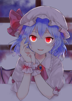 1girl ascot bat_wings bow brooch collared_shirt commentary_request fangs frilled_shirt_collar frills glowing glowing_eyes hat hat_bow highres jewelry looking_at_viewer minatsuki_yurara mob_cap open_mouth own_hands_together pink_hat purple_hair red_ascot red_bow red_eyes remilia_scarlet shirt sleeve_bow smile solo touhou vampire wings wrist_cuffs