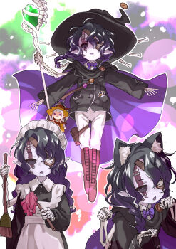 1girl absurdres animal_ear_fluff animal_ears apron black_dress black_hair black_hat black_jacket bone boots bow braid brown_footwear cartoon_bone cat_ears cloak collared_dress colored_skin commentary_request commission cookie dress duster food frilled_apron frills gradient_hair grey_skin hat highres hood hood_down hooded_jacket ilyana_miraquinal jacket long_hair long_sleeves maid maid_apron maid_headdress multicolored_hair multiple_views necromancer nyama open_mouth original pants paw_pose pixiv_commission purple_bow purple_cloak purple_hair saliva sharp_teeth shirt single_braid skeletal_arm staff teeth valkrana white_apron white_pants white_shirt wide_sleeves witch_hat