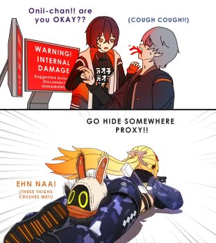 1boy 1other 2girls ass bangboo_(zenless_zone_zero) belle_(zenless_zone_zero) blood brother_and_sister camouflage camouflage_pants coughing coughing_blood dorahdew english_text eous_(zenless_zone_zero) head_between_legs highres multiple_girls pants siblings trigger_(zenless_zone_zero) wise_(zenless_zone_zero) zenless_zone_zero