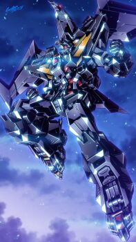 babamba choujuu_kishin_dancouga clenched_hands dancouga_(series) dated final_dancouga flying glowing glowing_eyes highres mecha mecha_focus no_humans robot signature sunrise super_robot