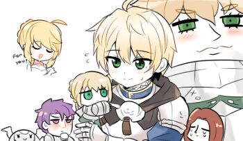 2girls 5boys ahoge armor arthur_pendragon_(fate) artoria_pendragon_(fate) bedivere_(fate) blonde_hair braid chibi closed_eyes commentary crying english_text fate/grand_order fate_(series) flying_sweatdrops gauntlets gawain_(fate) green_eyes helmet lancelot_(fate/grand_order) mordred_(fate) mordred_(fate/apocrypha) multiple_boys multiple_girls purple_eyes purple_hair rabi_(swordofthestone) red_hair riyo_(lyomsnpmp)_(style) saber_(fate) sweatdrop tears tristan_(fate)