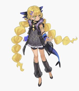 1girl aged_down armlet belt black_shirt black_shorts blonde_hair blue_arm_warmers body_markings braid braided_twintails clothing_cutout dark-skinned_female dark_skin dragon_girl dragon_horns dragon_tail earrings facial_mark fate/grand_order fate_(series) full_body gold_armlet hair_ornament hairclip highres horns jewelry lace-trimmed_shorts lace_trim leg_warmers long_hair outstretched_arm shirt shoes shorts side_labret_piercing solo standing tail takustorage vritra_(fate) vritra_(young)_(fate) yellow_eyes