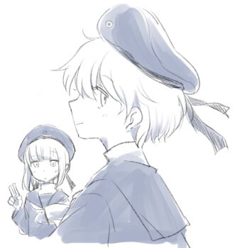 2girls blunt_bangs blush collared_shirt commentary_request from_side greyscale hair_between_eyes hat hat_ribbon kantai_collection long_sleeves looking_at_viewer medium_hair monochrome motohara_moka multiple_girls neckerchief ribbon sailor_collar shirt short_hair sidelocks simple_background sketch smile upper_body v z1_leberecht_maass_(kancolle) z3_max_schultz_(kancolle)